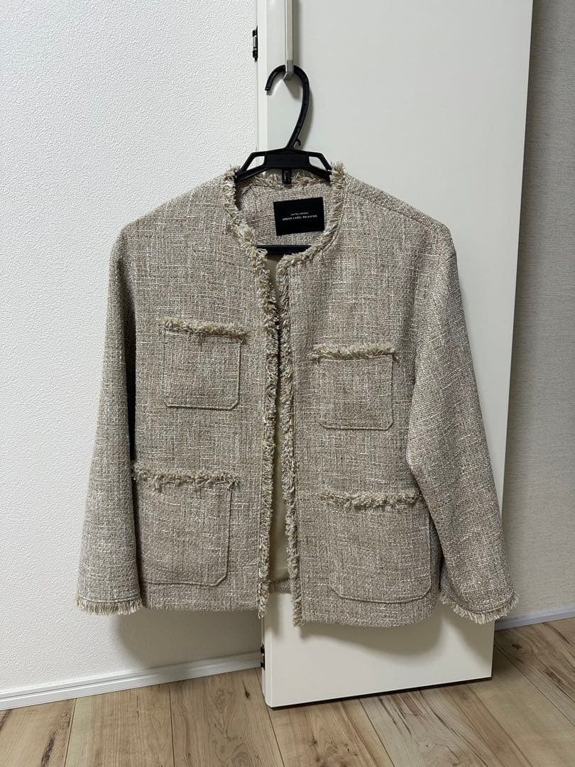 グリーンレーベル　ミックスツイードライク　ポケット　ノーカラージャケット　38