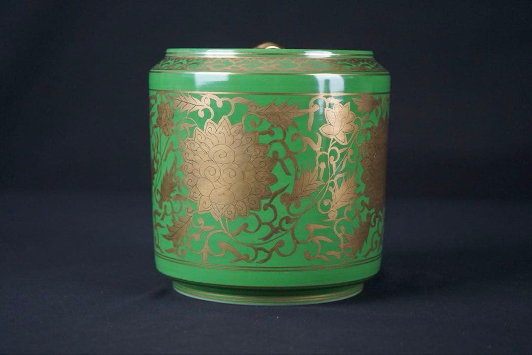 平安 三代 加藤利昇 作 萌黄金襴手 皆具 共箱 茶道具