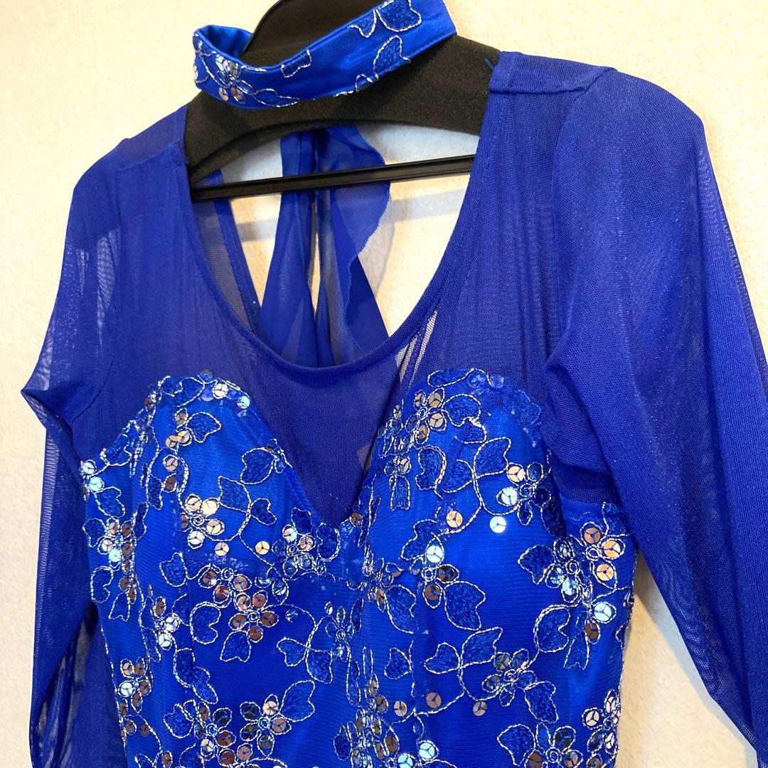 社交ダンスドレス モダン スタンダード チョーカー付き ブルー