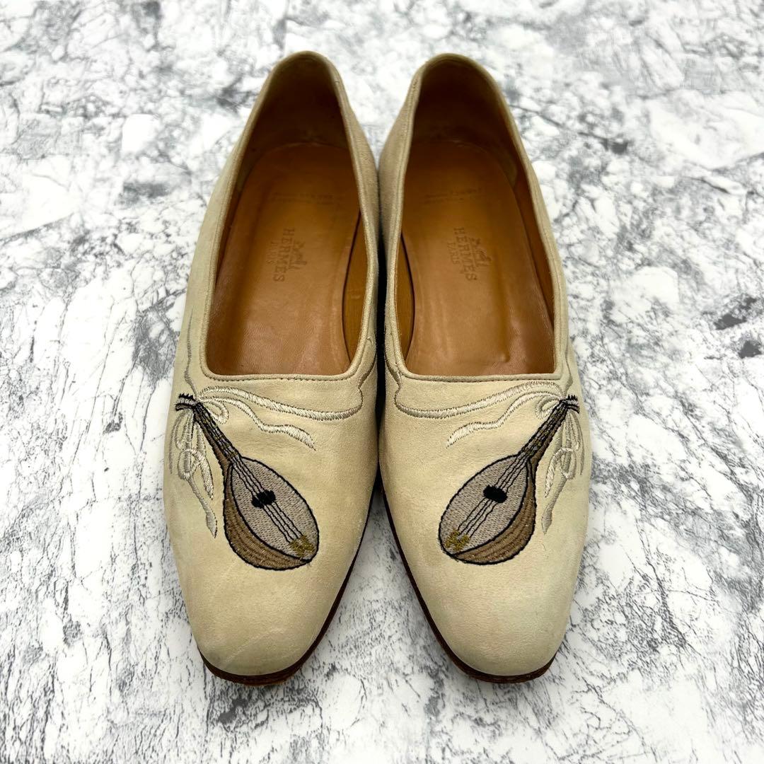 エルメス　パンプス　モカシン　マンドリン　刺繍　スウェード　24cm