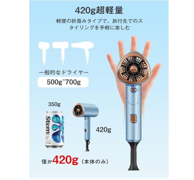 ヘアドライヤー 軽量ブルー 高級感があり爽やかに輝くカラー