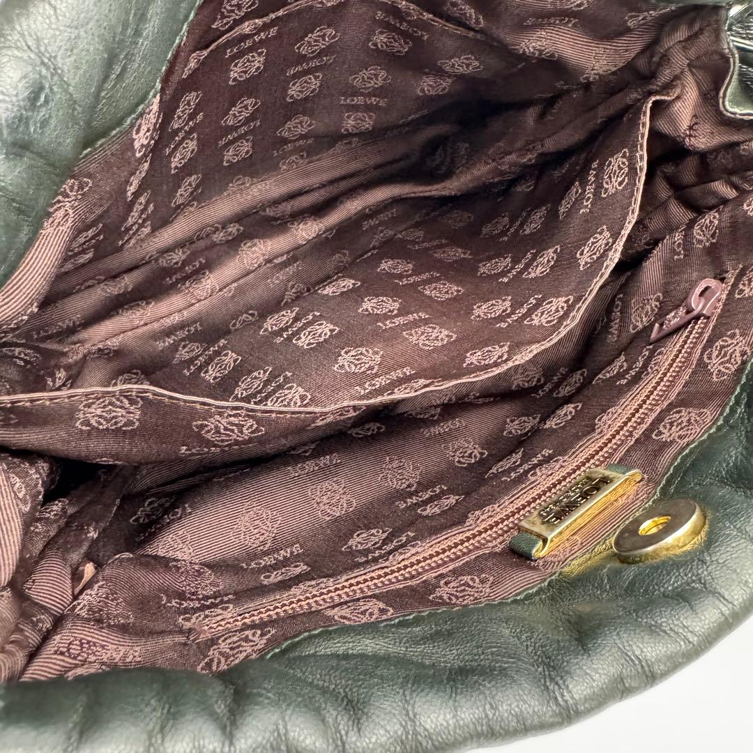 ロエベ アナグラム フラメンコ ナッパ レザー 巾着 ショルダーバッグ 黒緑