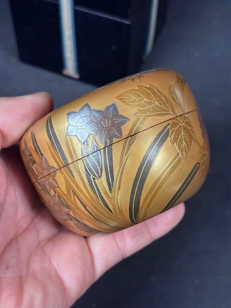 送料無料　漆塗り 棗　平棗　木地　花詰め　和骨董　金彩　蒔絵　茶道具