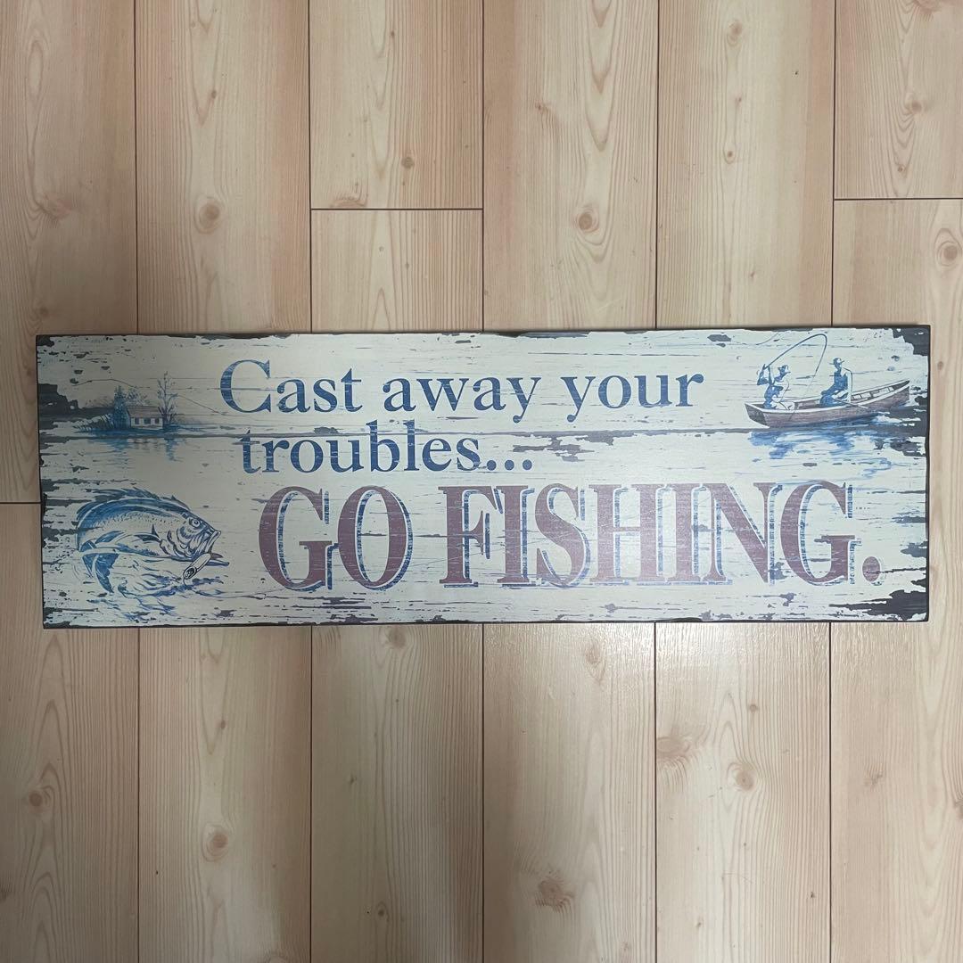 【釣り】GO FISHING アンティーク 木製サインボード OLD NEW