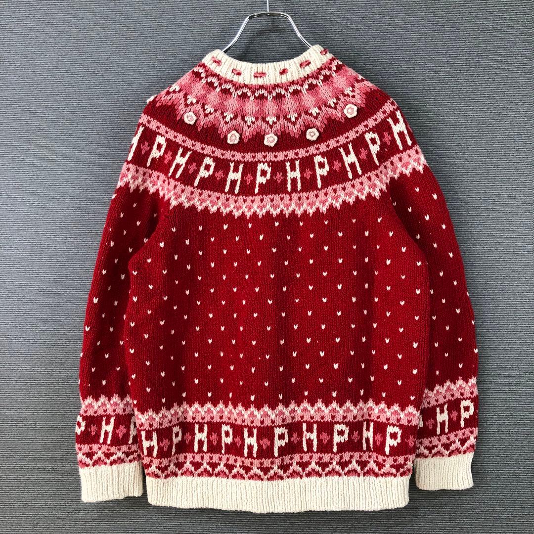 PINK HOUSE 花柄 ハート ノルディック カーディガン レッド