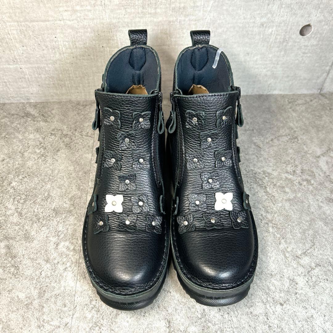 新品【JSハートレーベル 】レザーショートブーツ/花/ジップ/厚底/コンフォート
