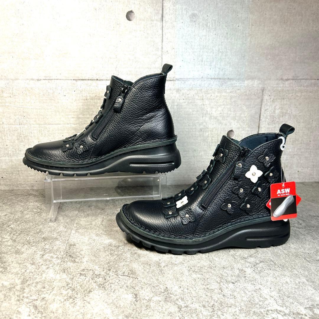 新品【JSハートレーベル 】レザーショートブーツ/花/ジップ/厚底/コンフォート