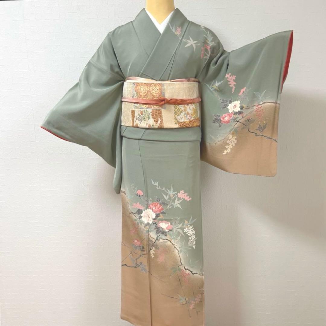 455 訪問着フルセット 正絹 くすみグリーン 灰緑 友禅 金彩 刺繍 暈し染め