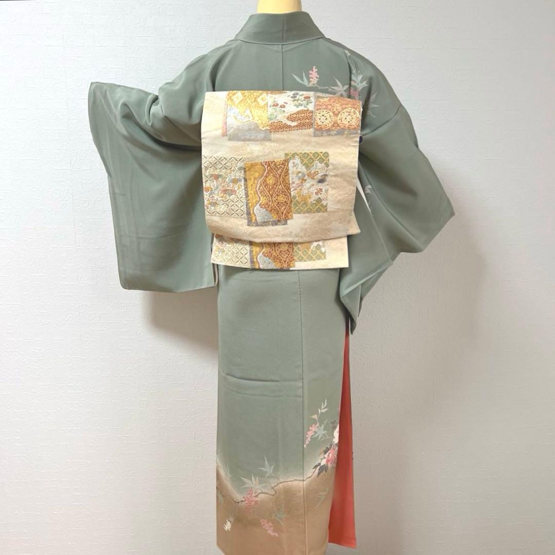 455 訪問着フルセット 正絹 くすみグリーン 灰緑 友禅 金彩 刺繍 暈し染め