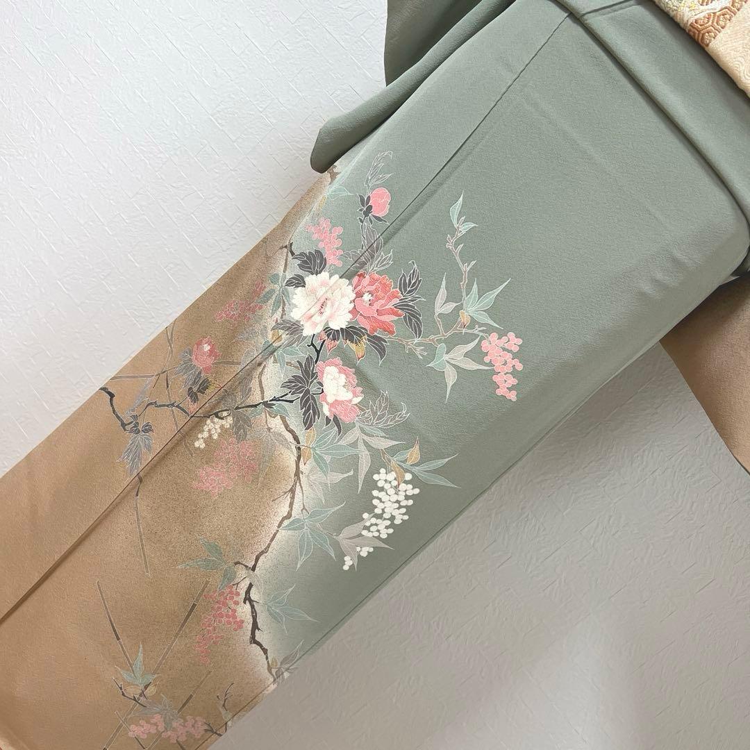 455 訪問着フルセット 正絹 くすみグリーン 灰緑 友禅 金彩 刺繍 暈し染め