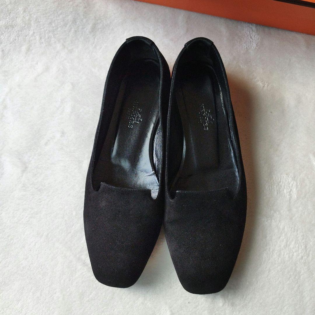 HERMÈS ブラック フラットシューズ 35　箱　　パンプス　スウェード