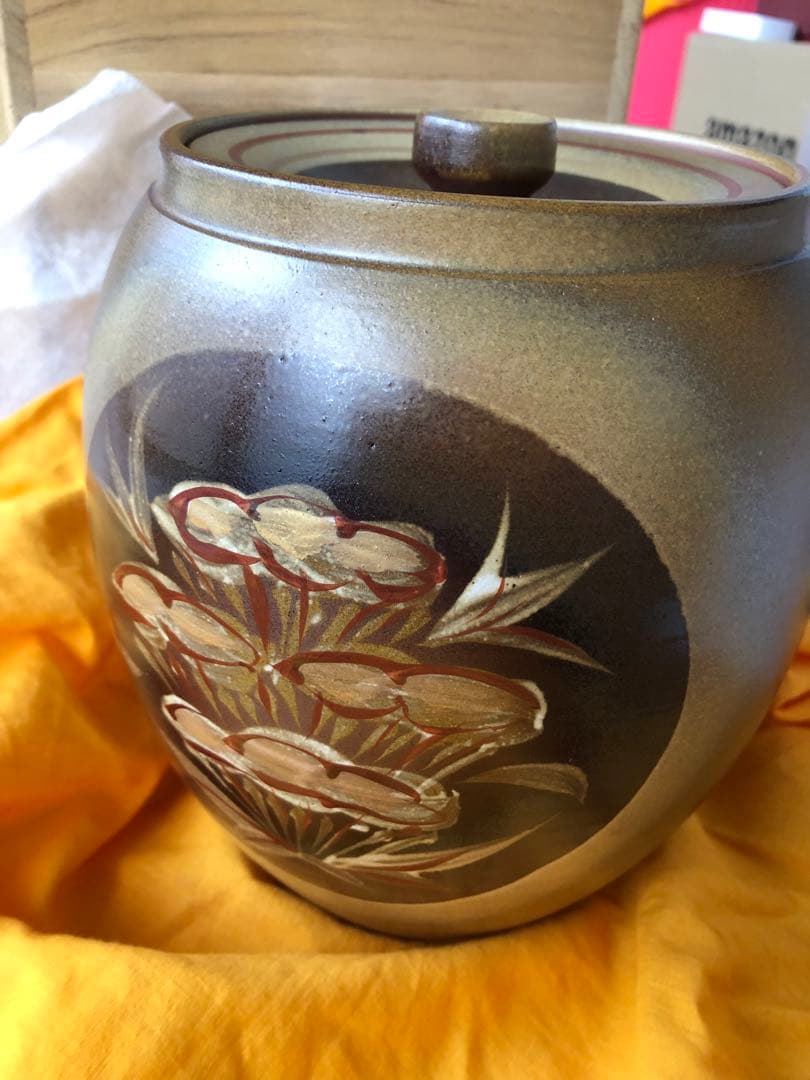 水指　朱泥　草紋　一位窯 田中一晃　氏作　共箱入