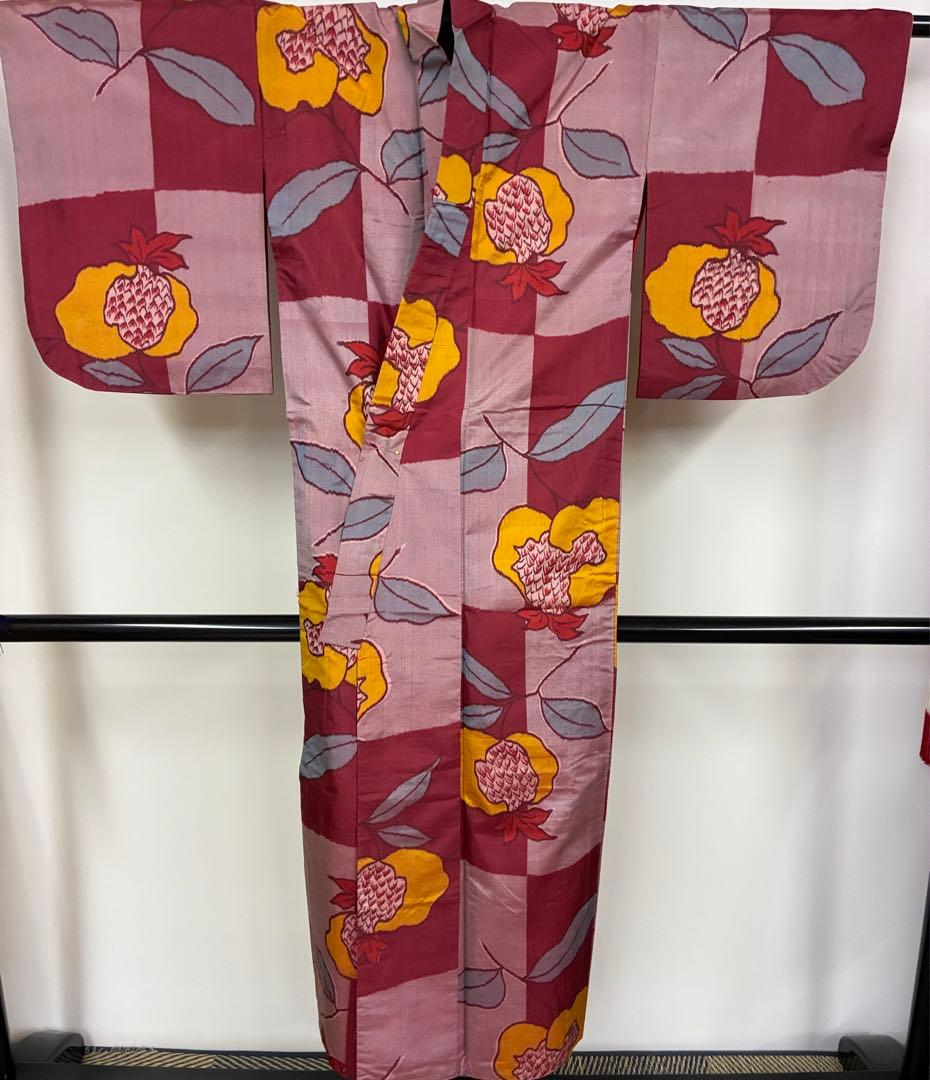 アンティーク　銘仙　着物　ザクロ　植物模様　レトロ　リメイク