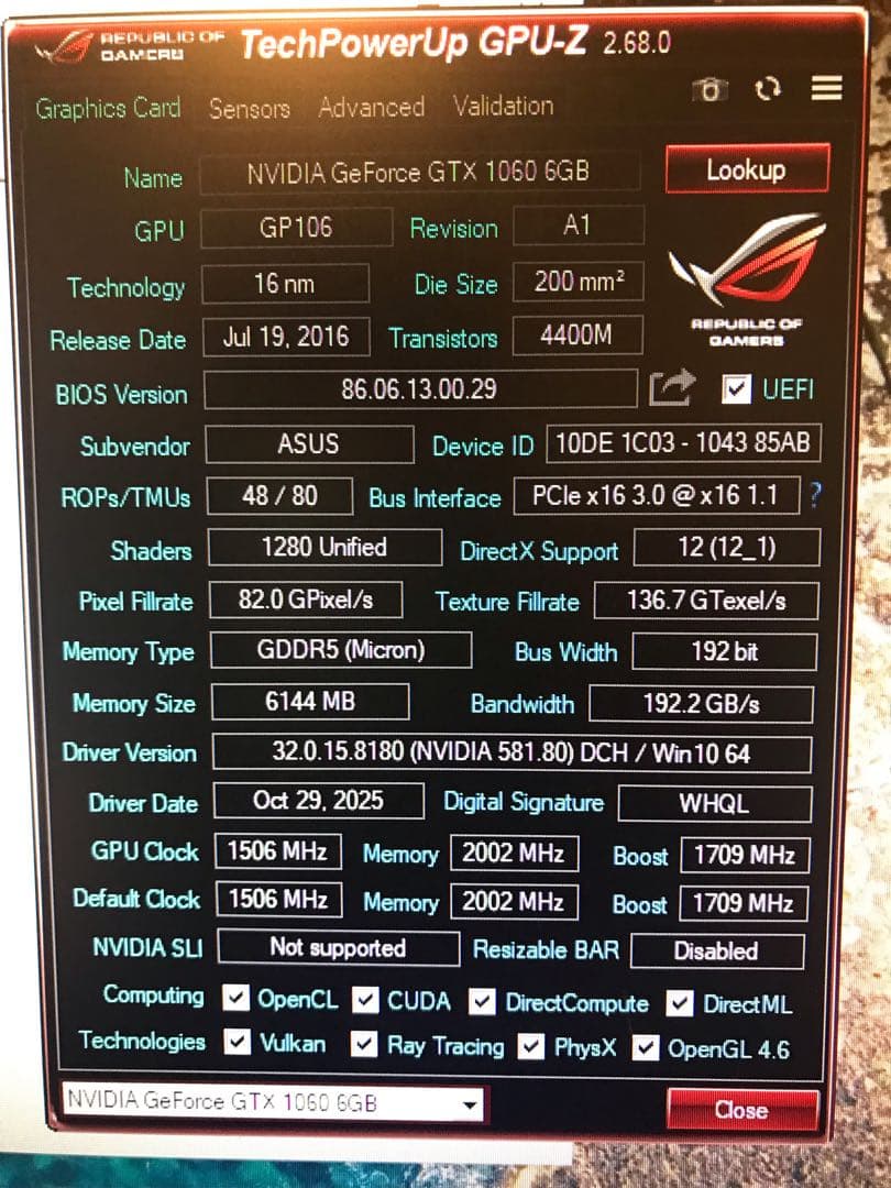 ASUS グラフィックボード　GTX1060 6GB