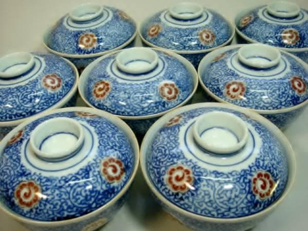 蓋茶碗■古九谷 染付 赤花唐草紋 8客 新田 蓋物 蓋鉢 時代物 骨董品■①