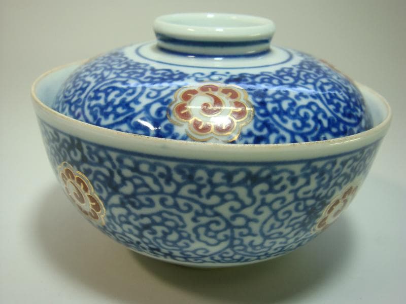 蓋茶碗■古九谷 染付 赤花唐草紋 8客 新田 蓋物 蓋鉢 時代物 骨董品■①