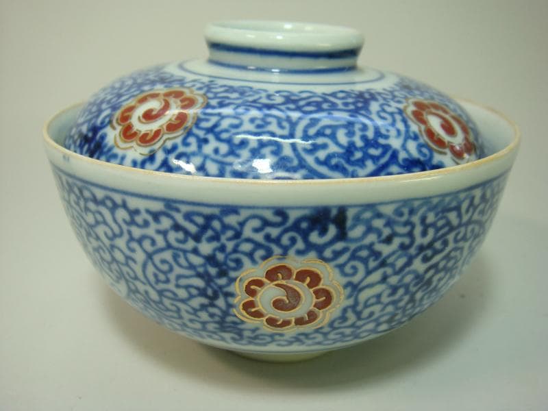 蓋茶碗■古九谷 染付 赤花唐草紋 8客 新田 蓋物 蓋鉢 時代物 骨董品■①