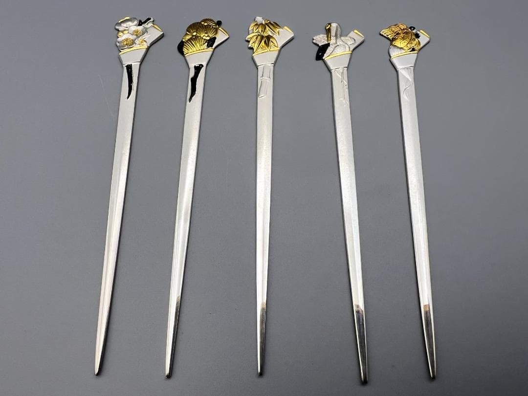 SILVER925　刻印　銀製　菓子楊枝　5本セット　鶴と亀　梅と竹　重量29g