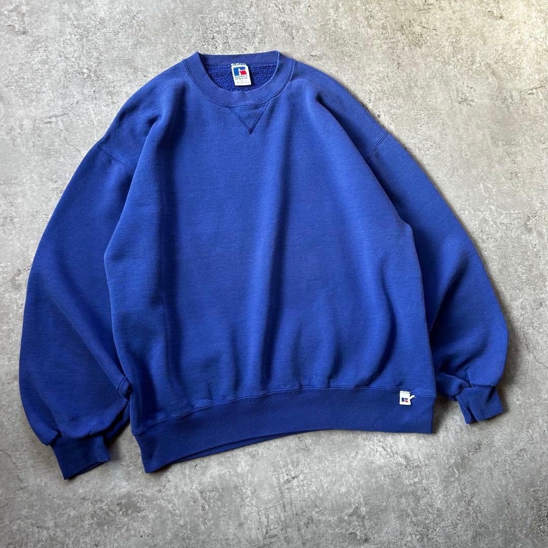 90s ラッセルアスレティック 前Vスウェット/無地プレーン USA製 ブルー