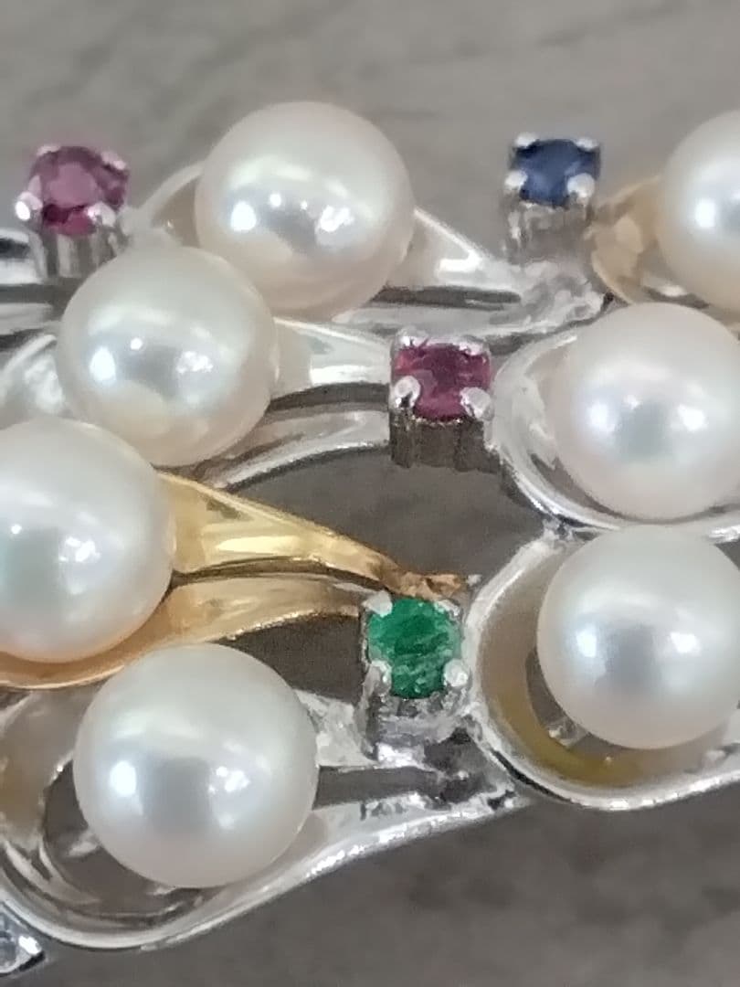 SV/K18あこや真珠/天然石ブローチ　　中古品