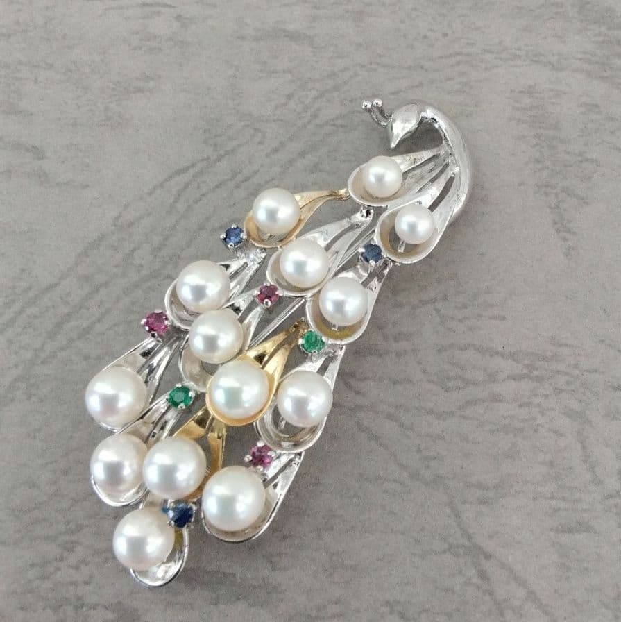 SV/K18あこや真珠/天然石ブローチ　　中古品