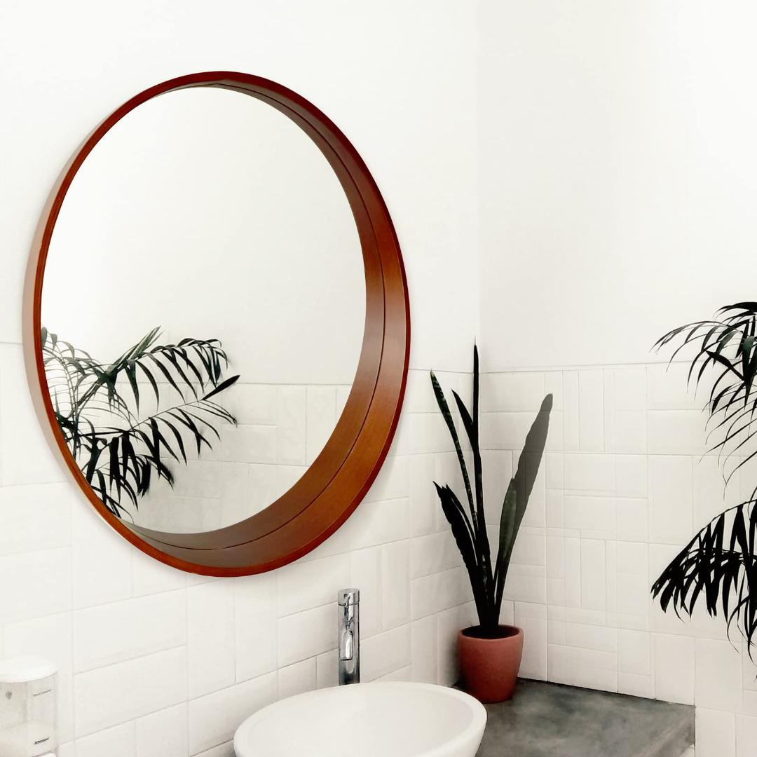 壁掛けミラー 洗面所 玄関 天然木フレーム 丸型ミラー