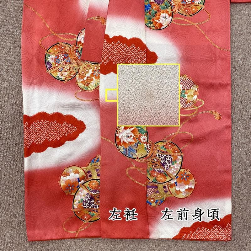 501ag31◎七五三 七歳 女児 着物&丸帯 小紋柄 部分絞り染め 鼓◎美品