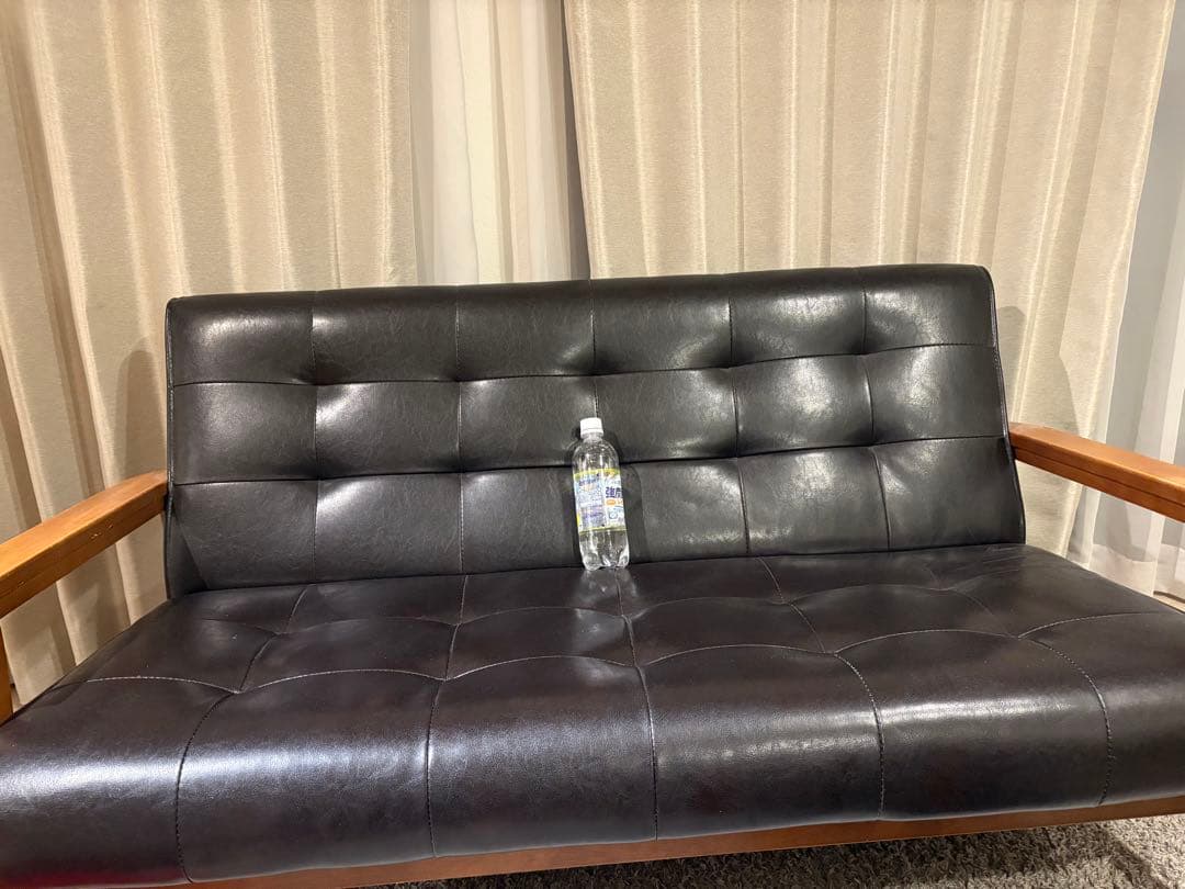 2人がけソファ黒ブラック革ウッド