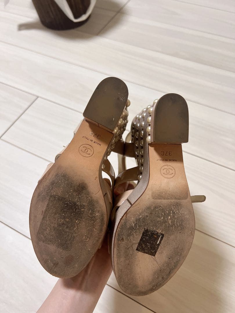 シャネル パール プラットフォーム ウェッジサンダル ヌードベージュ-ピンク