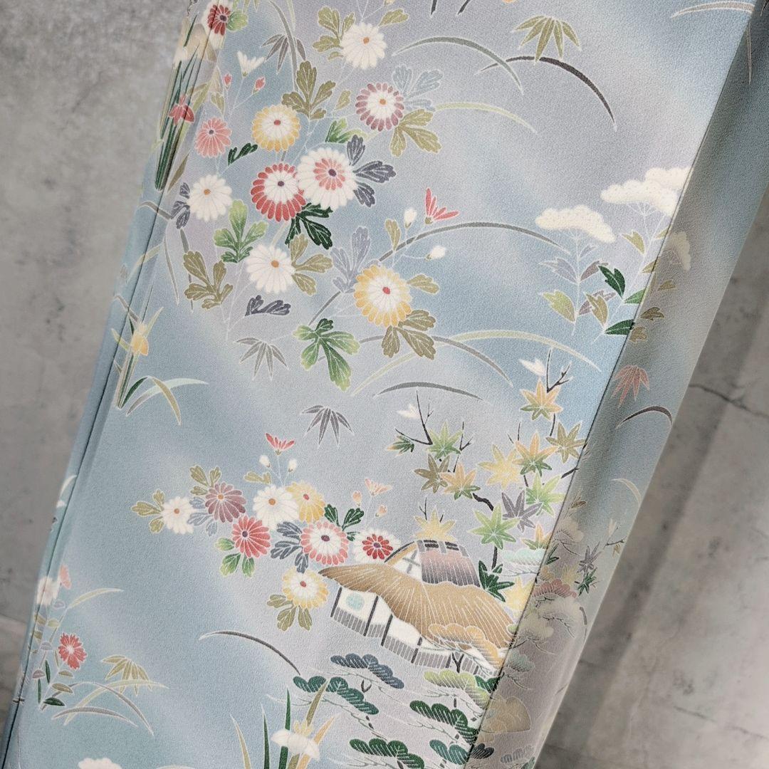 訪問着　フルセット　着物　友禅　正絹　青　茶屋辻　花　祝い事　優美　D2