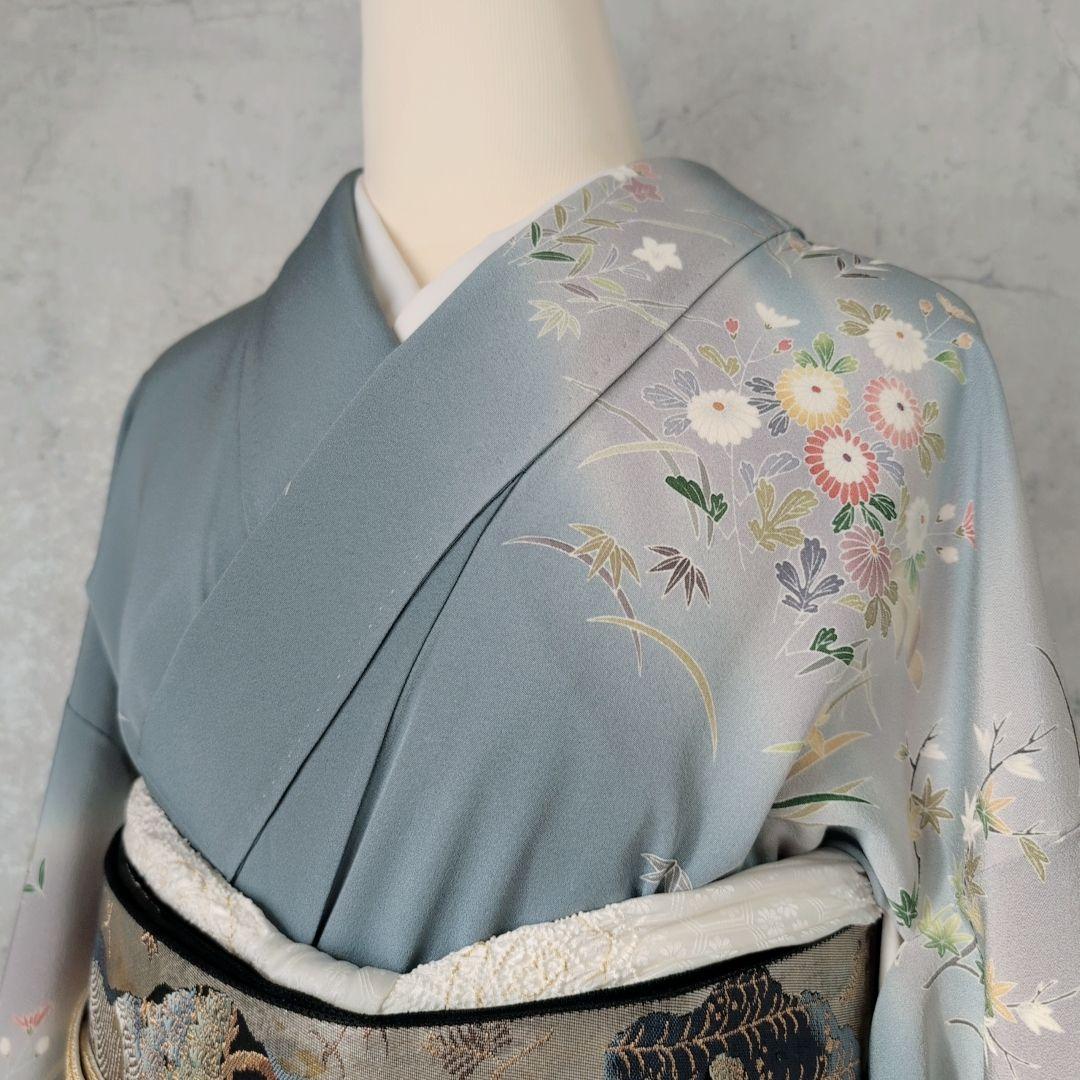 訪問着　フルセット　着物　友禅　正絹　青　茶屋辻　花　祝い事　優美　D2