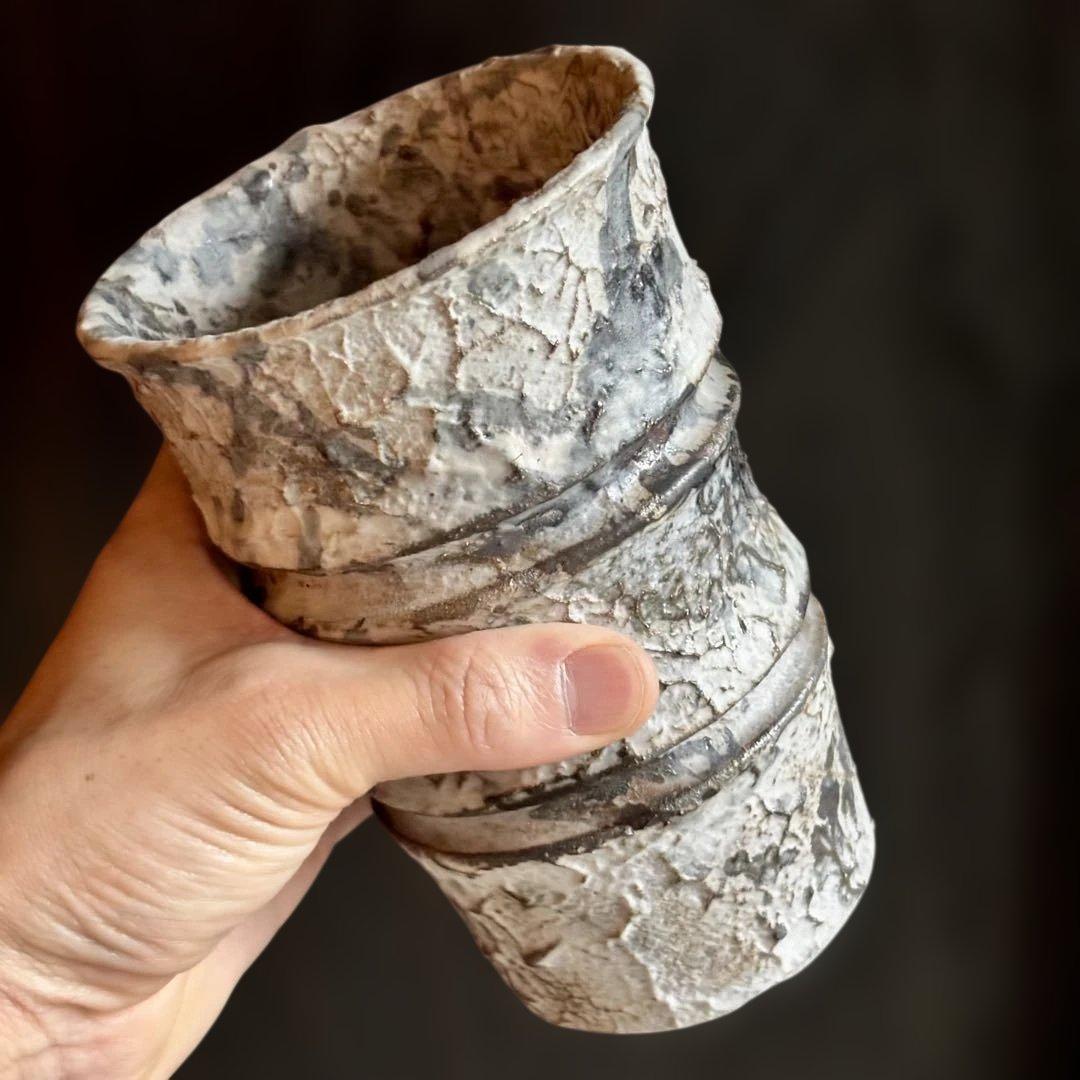 有馬和博 白サビ陶器鉢｜未使用 作家鉢｜φ10.5cm H15.5cm