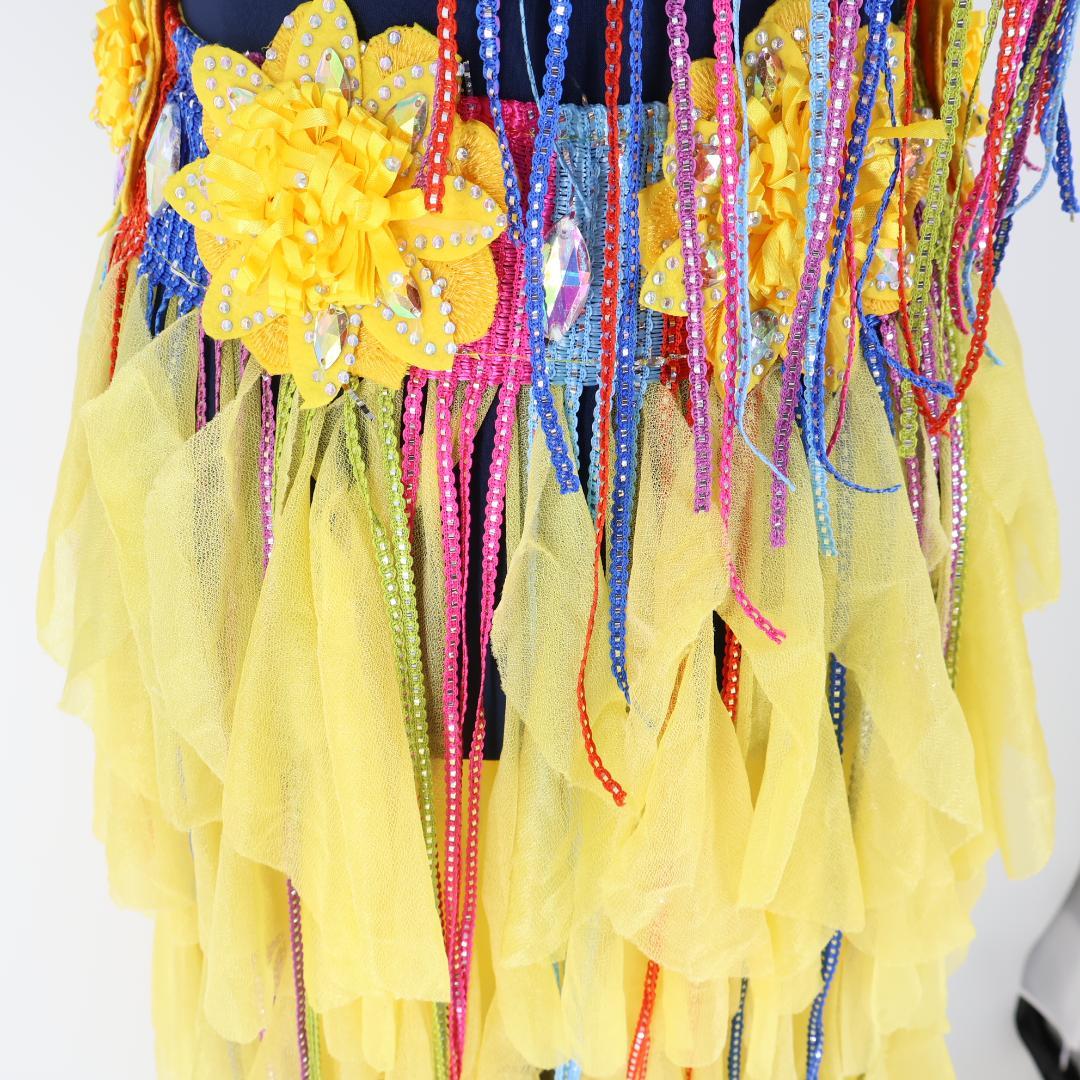 【ベリーダンス用 オリエンタル衣装】イエロー シルバーラメ多数 花コスチューム