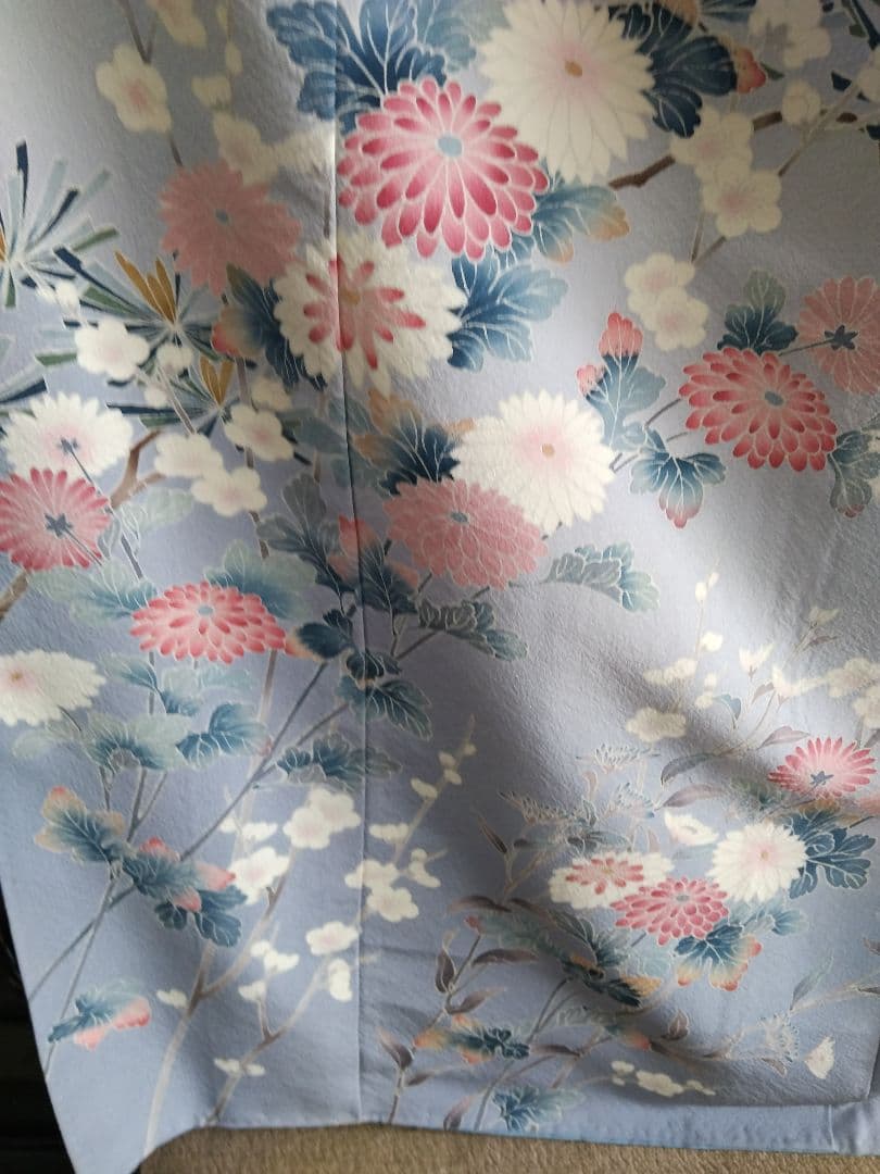 F‐285 訪問着 京加賀友禅 袷 暈し ブルーグレー 菊 松 梅 美品