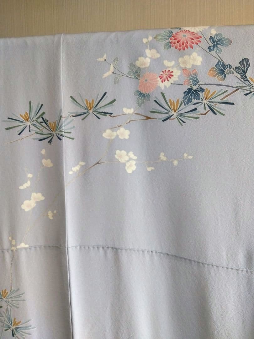 F‐285 訪問着 京加賀友禅 袷 暈し ブルーグレー 菊 松 梅 美品
