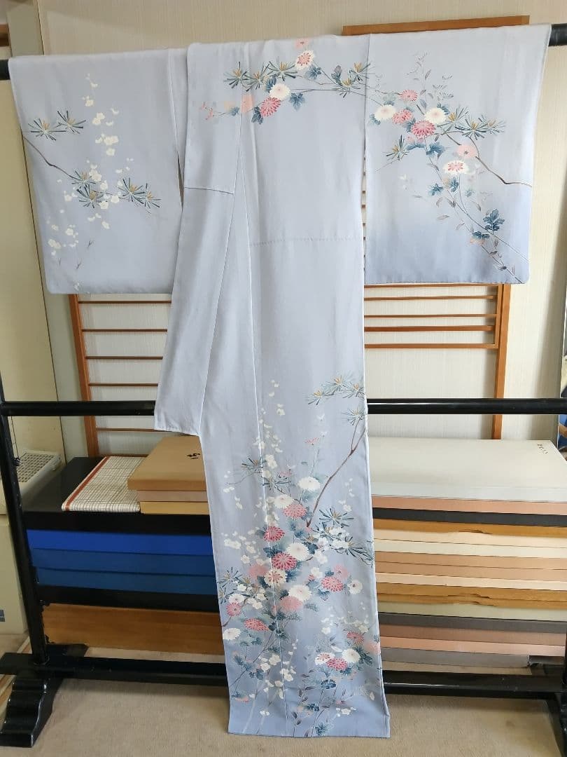 F‐285 訪問着 京加賀友禅 袷 暈し ブルーグレー 菊 松 梅 美品