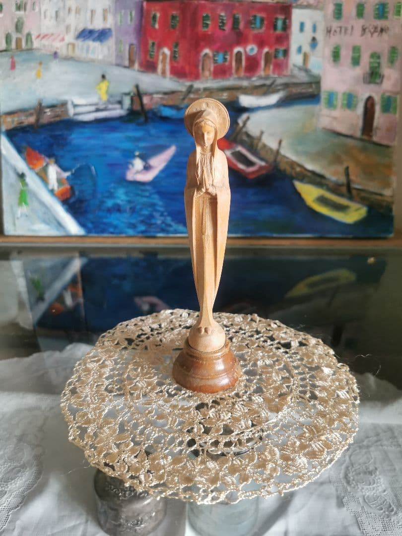 アンティークイタリア マルチーズレース 黄金色の絹糸ボビン編み 19㎝ドイリーβ