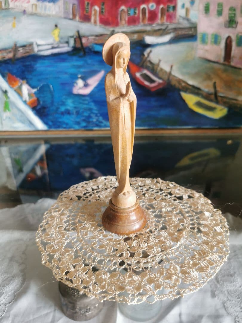 アンティークイタリア マルチーズレース 黄金色の絹糸ボビン編み 19㎝ドイリーβ