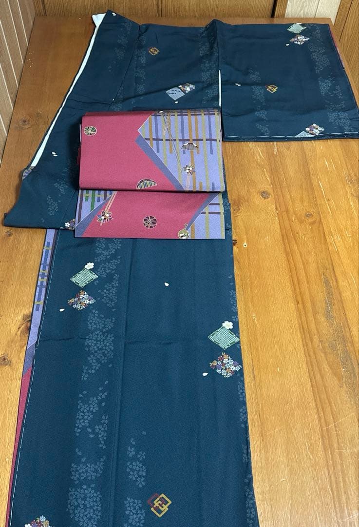 やまと誂製　正絹小紋　名古屋帯　長襦袢　帯締め　しつけ糸付き　４点セット