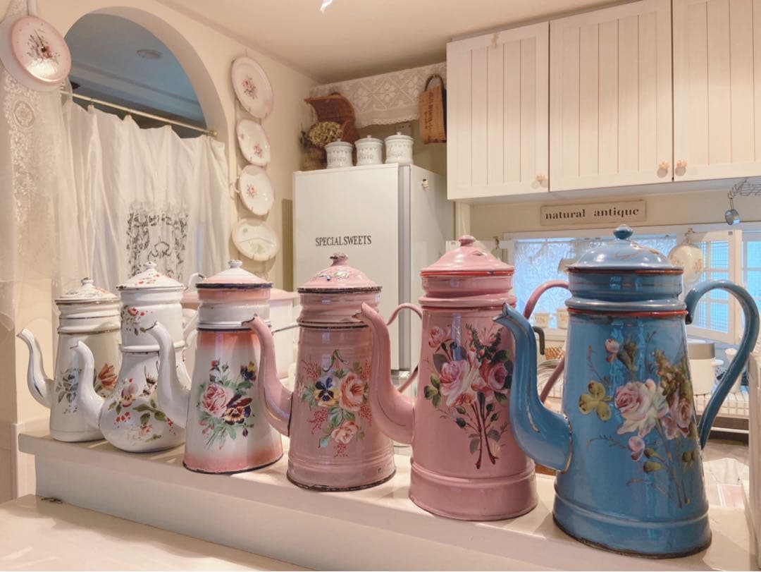 アンティークホーロー♡AUBECQ社ピンクバラ柄ホーローカフェティエール　希少❣️