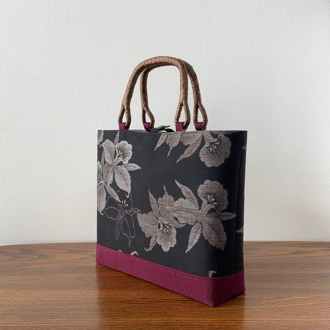 大島紬 カトレアの花 リメイク 胡桃皮ハンドルバッグ