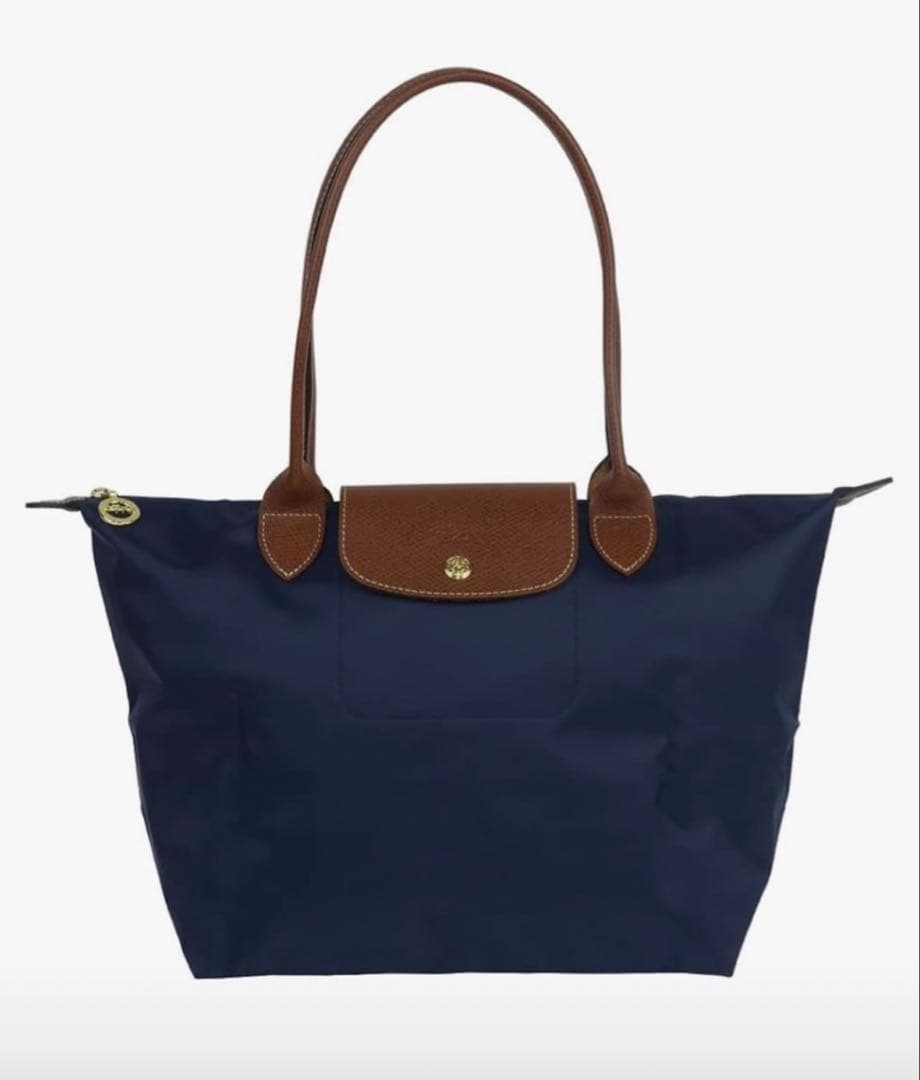 Longchampネイビー ナイロン バッグ ブラウンレザー