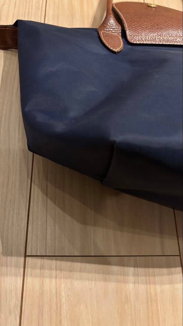 Longchampネイビー ナイロン バッグ ブラウンレザー