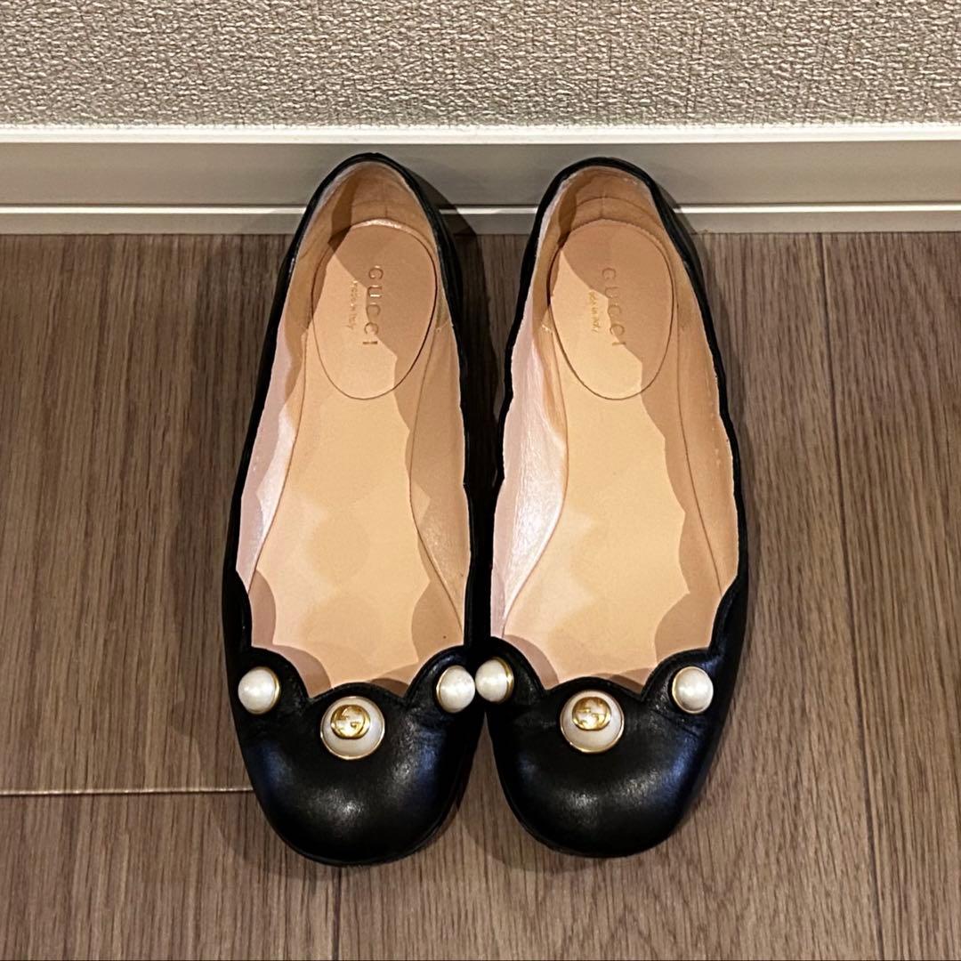 【美品】GUCCI フラットパンプス パール 35 黒