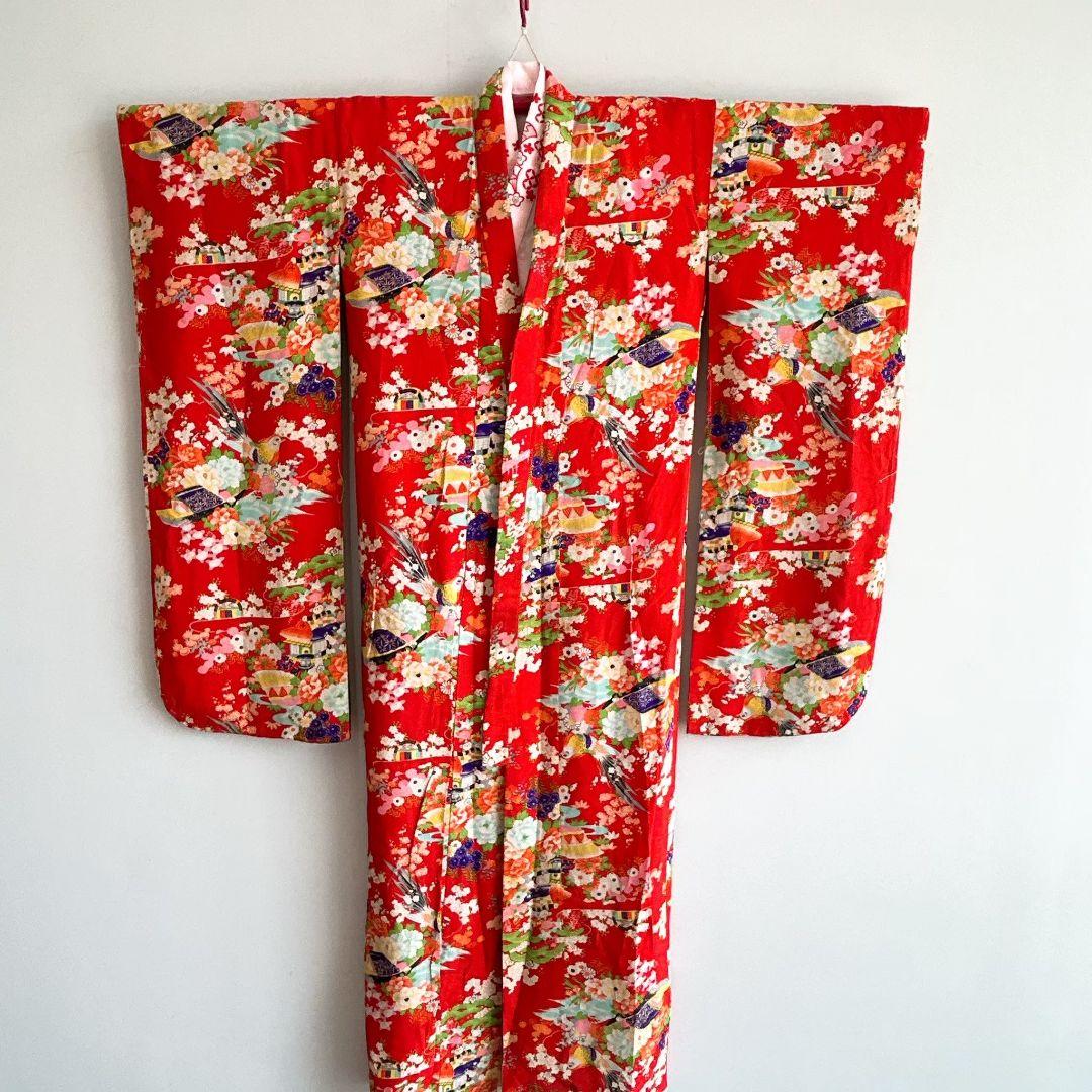 七五三　７歳フルセット　アンティーク　長着＆帯＆長襦袢＆草履＆小物セット　赤地