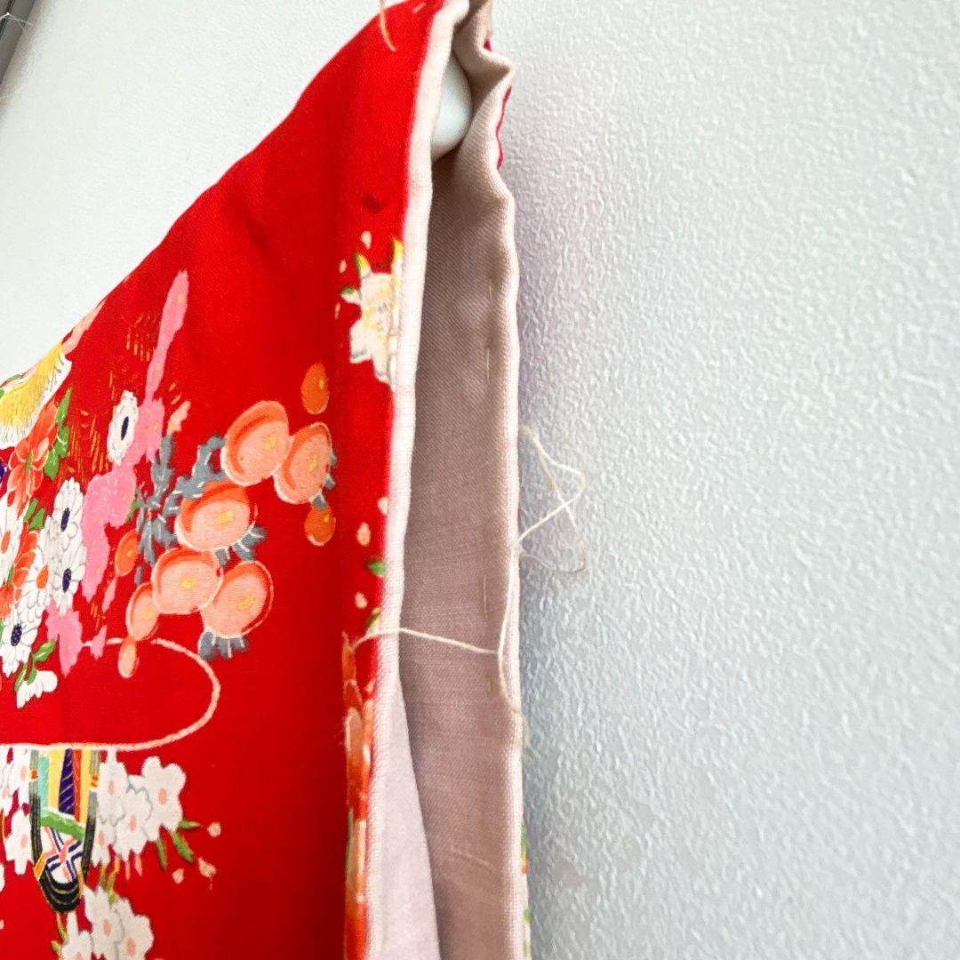 七五三　７歳フルセット　アンティーク　長着＆帯＆長襦袢＆草履＆小物セット　赤地