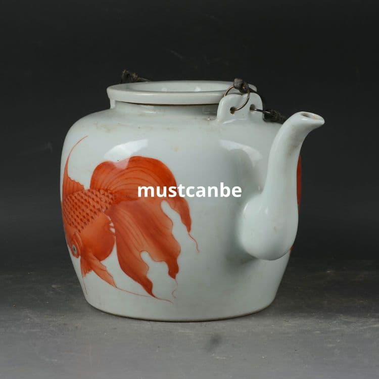 景徳鎮 陶磁器 金魚紋提梁壺 茶壺 煎茶器 装飾品 現代工芸品 置物