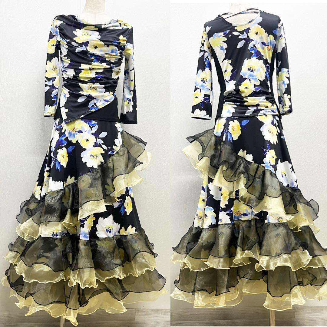 新品 セットアップ 黒に黄色花柄 スタンダード モダン 衣装 パーティ 発表会