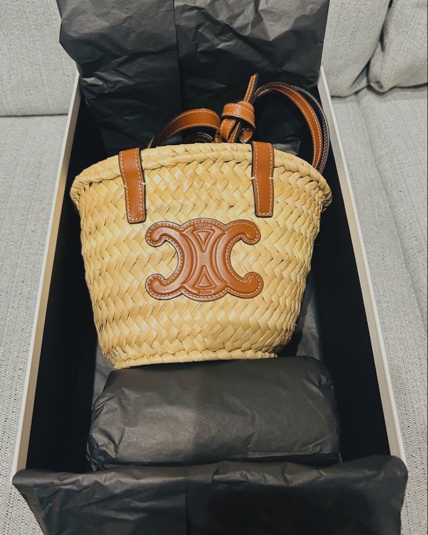 【値下げ】CELINE セリーヌ ミニパニエ　ラフィア&カーフスキン