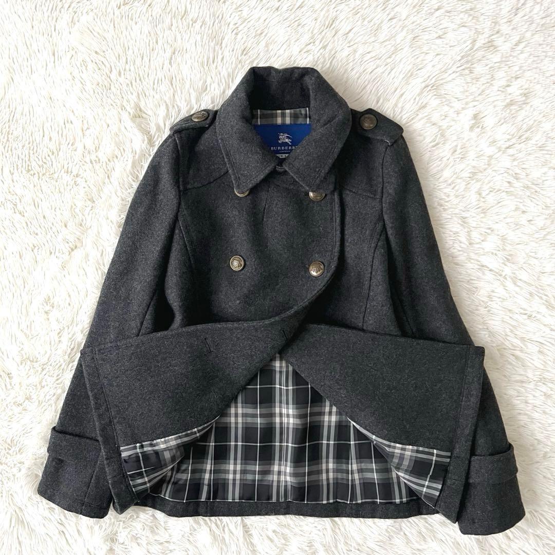 バーバリーブルーレーベル ノバチェック 金ボタン ピーコート ナポレオン 38